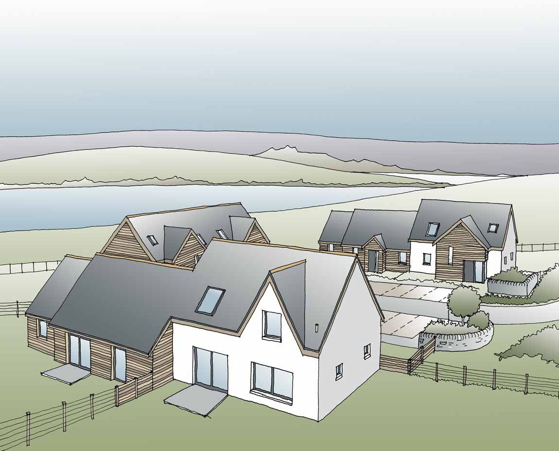 New  Building, Redman + Sutherland Architects,Hjaltland Housing Association, Brough View, Cullivoe, Shetland, Perspective